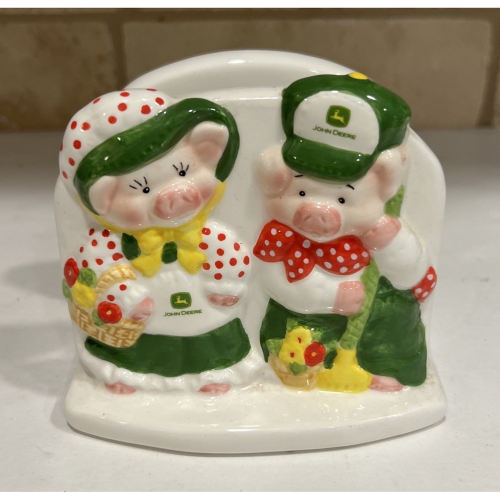 John Deere Tractor‎ Farmer Mr. Mrs. Pig Piggy Napkin Holder White Ceramic